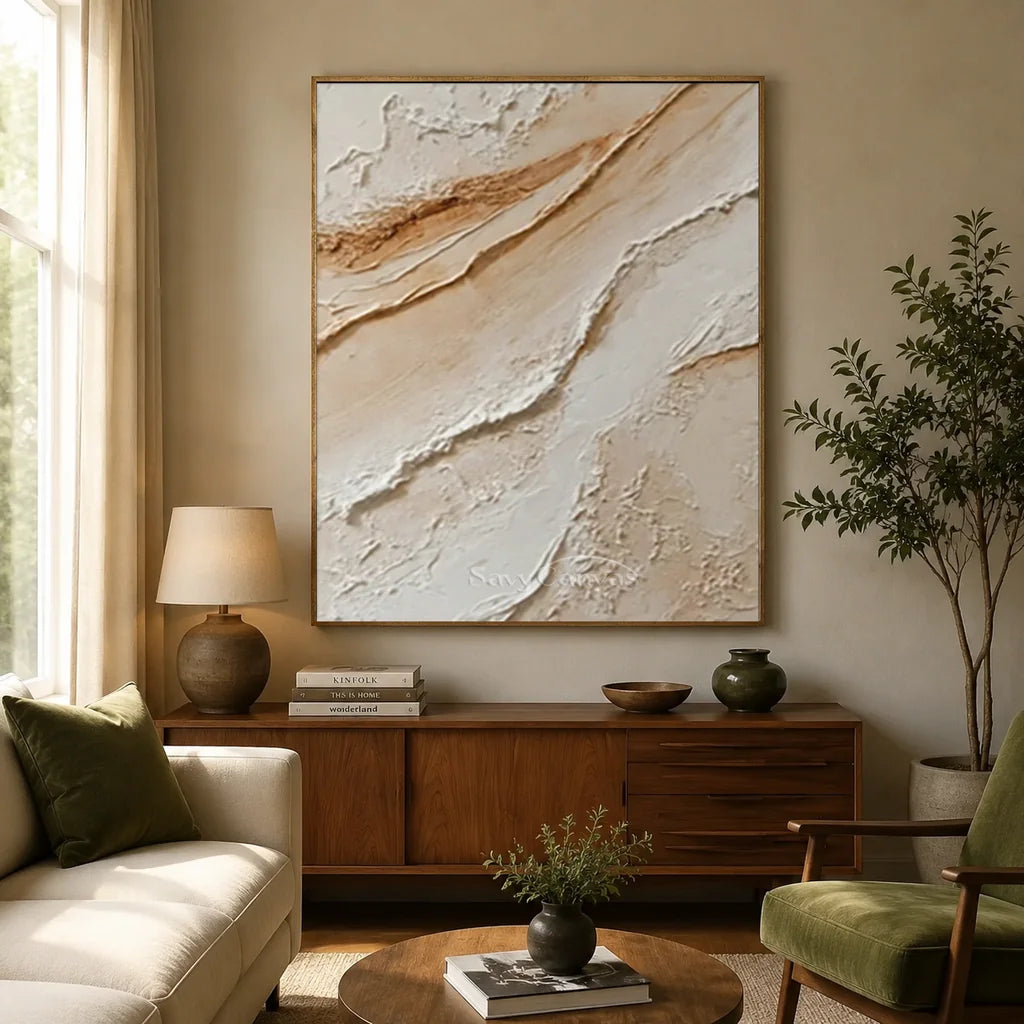 Hand-painted minimalist 3D textured abstract oil painting with heavy impasto wave strokes in cream white and warm beige for modern home decor