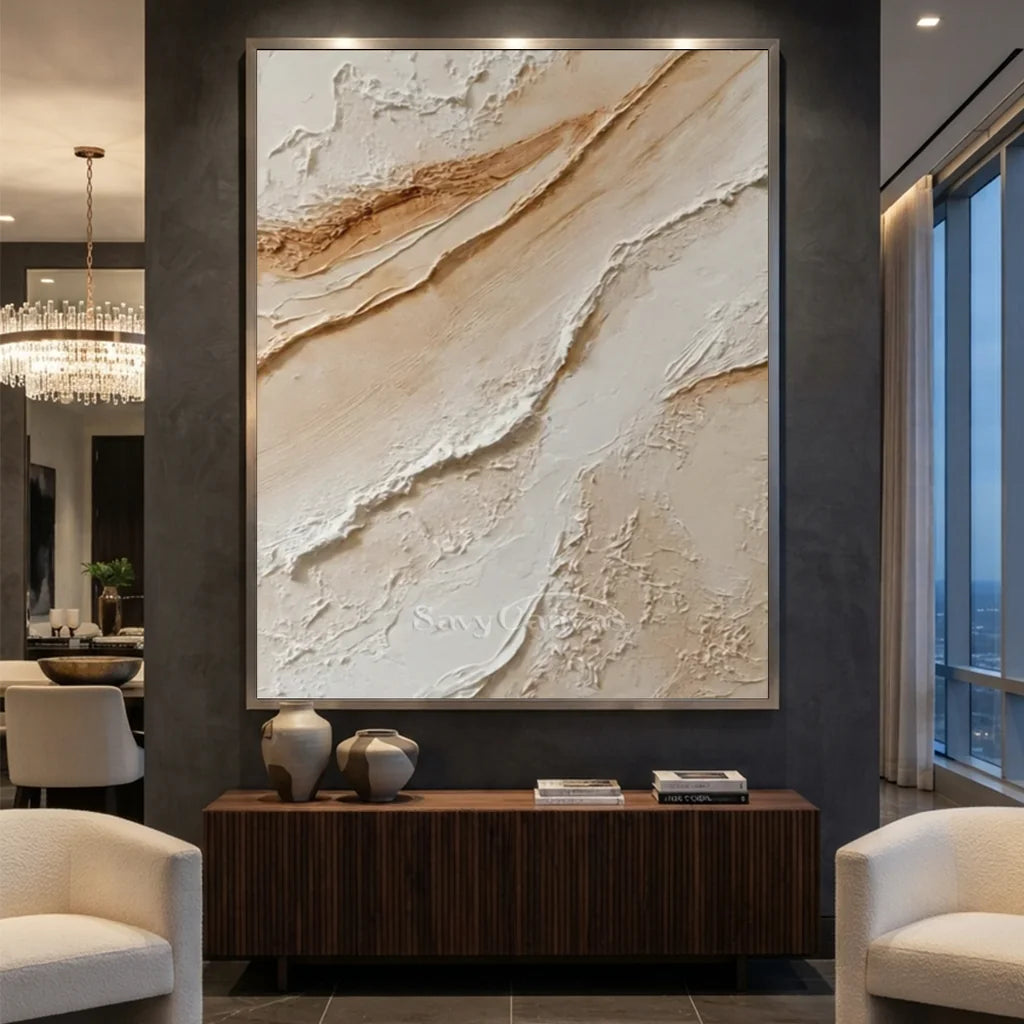 Handpainted Textured Cream & Beige Minimalist Oil Painting #ZC 49