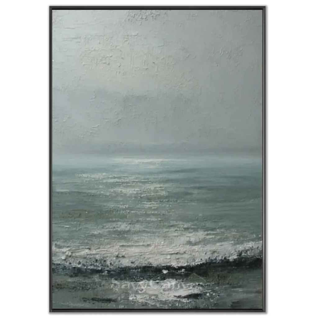 Handpainted Minimalist Grey Ocean Coastal Landscape Oil Painting #ZC 48