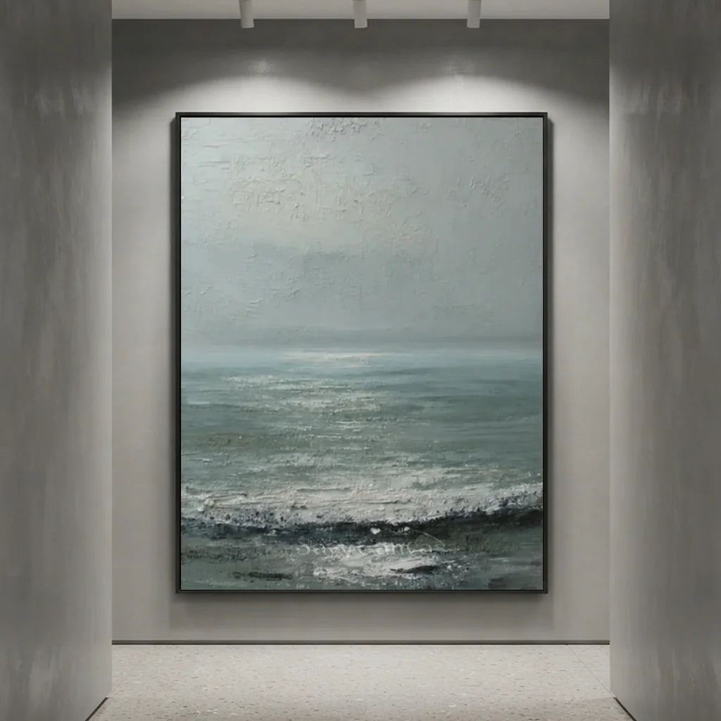 Handpainted Minimalist Grey Ocean Coastal Landscape Oil Painting #ZC 48