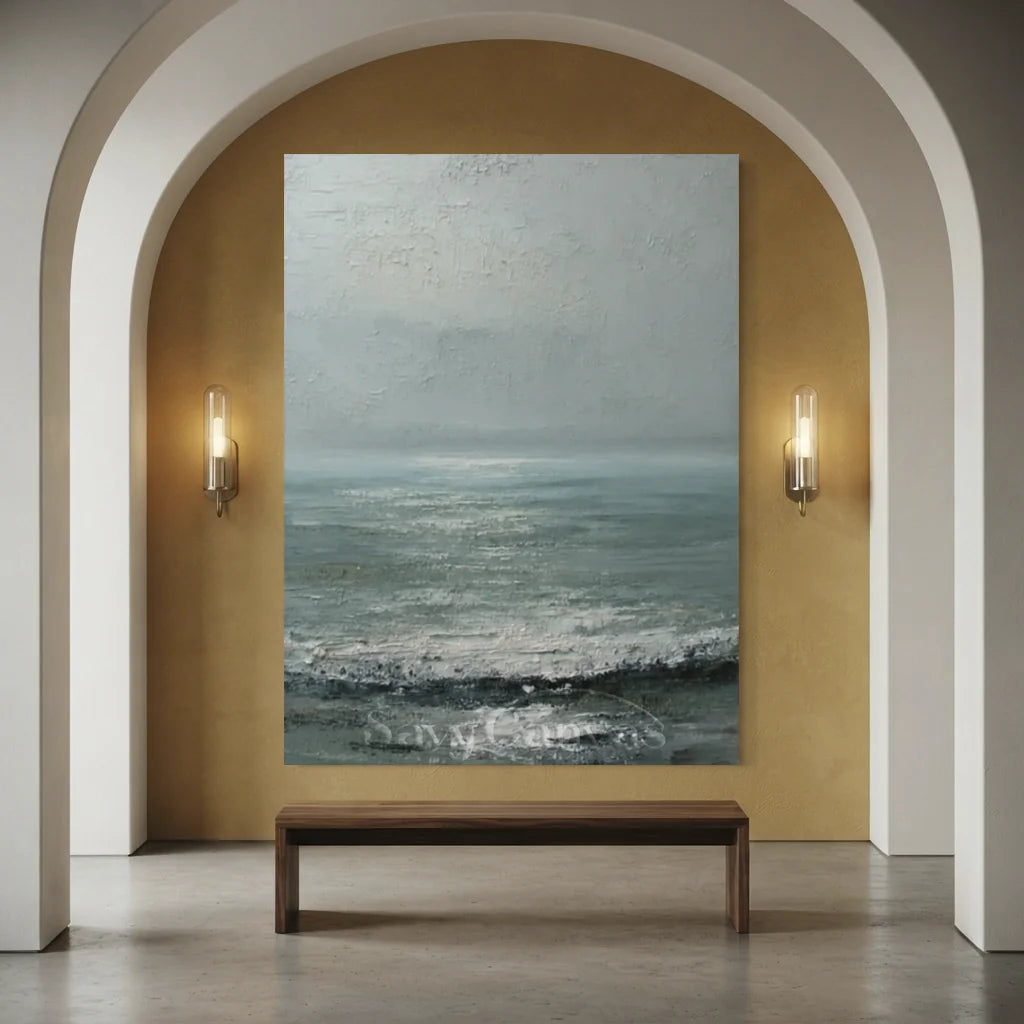 Handpainted Minimalist Grey Ocean Coastal Landscape Oil Painting #ZC 48