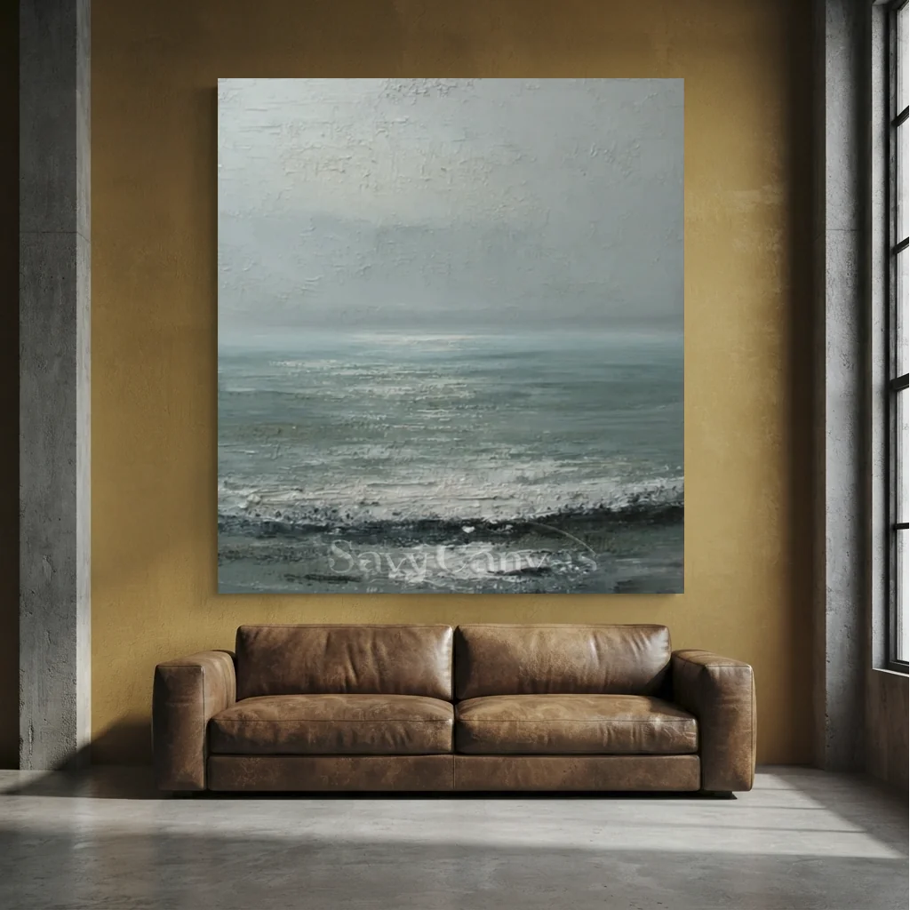 Handpainted Minimalist Grey Ocean Coastal Landscape Oil Painting #ZC 48