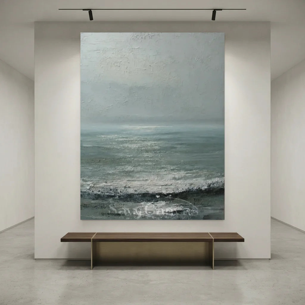 Handpainted Minimalist Grey Ocean Coastal Landscape Oil Painting #ZC 48