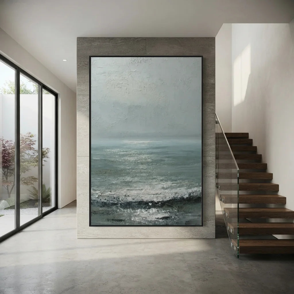 Handpainted Minimalist Grey Ocean Coastal Landscape Oil Painting #ZC 48