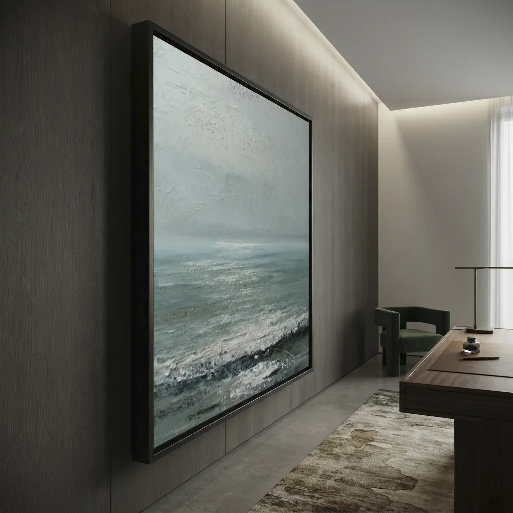 Handpainted Minimalist Grey Ocean Coastal Landscape Oil Painting #ZC 48