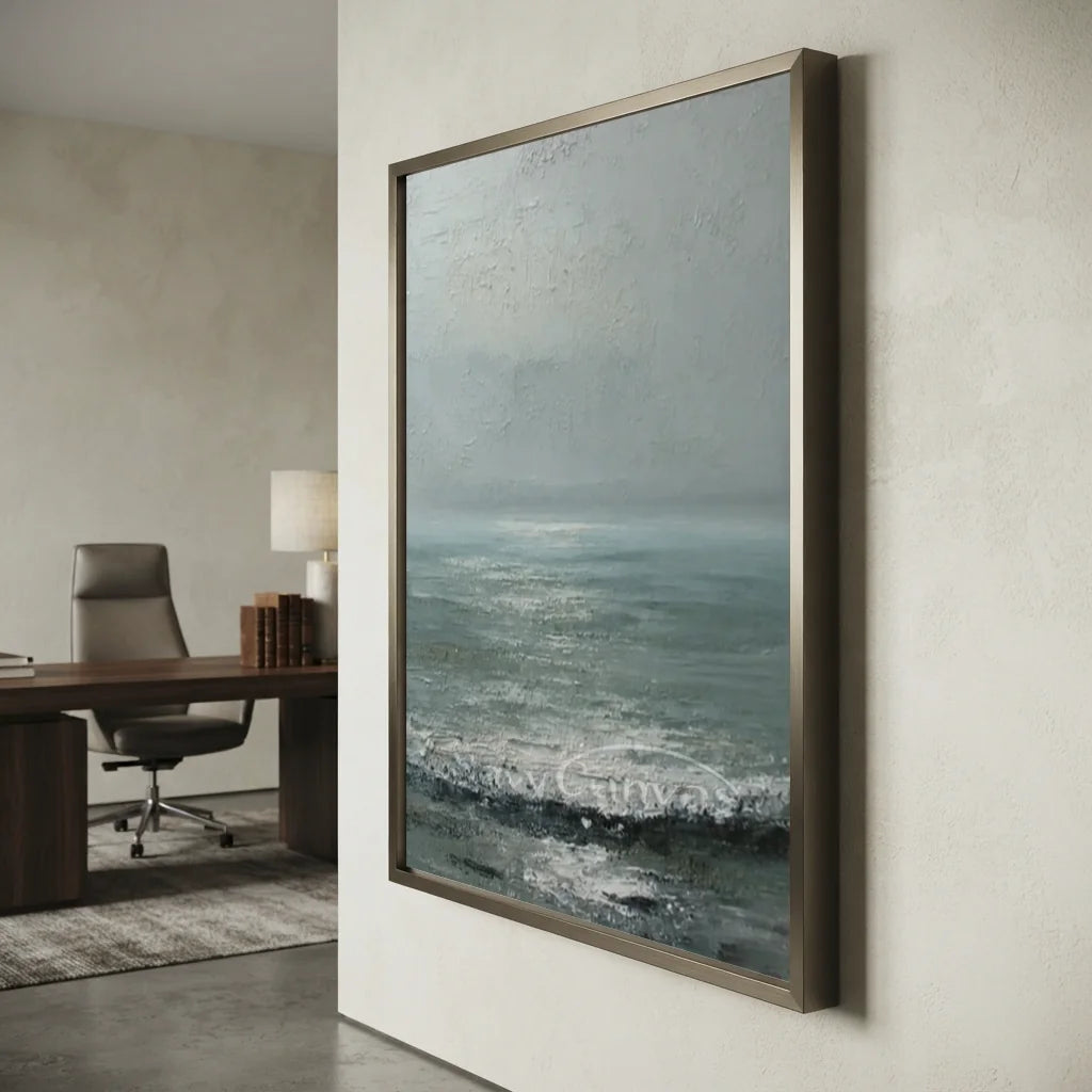 Handpainted Minimalist Grey Ocean Coastal Landscape Oil Painting #ZC 48