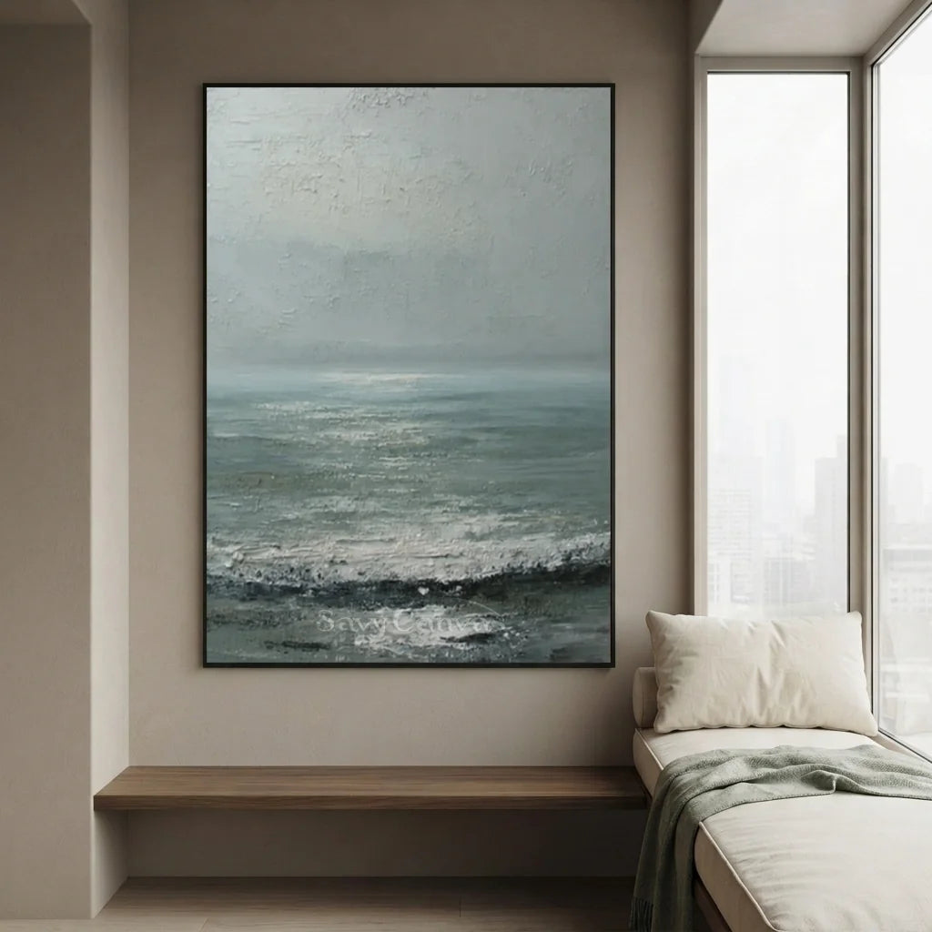 Handpainted Minimalist Grey Ocean Coastal Landscape Oil Painting #ZC 48