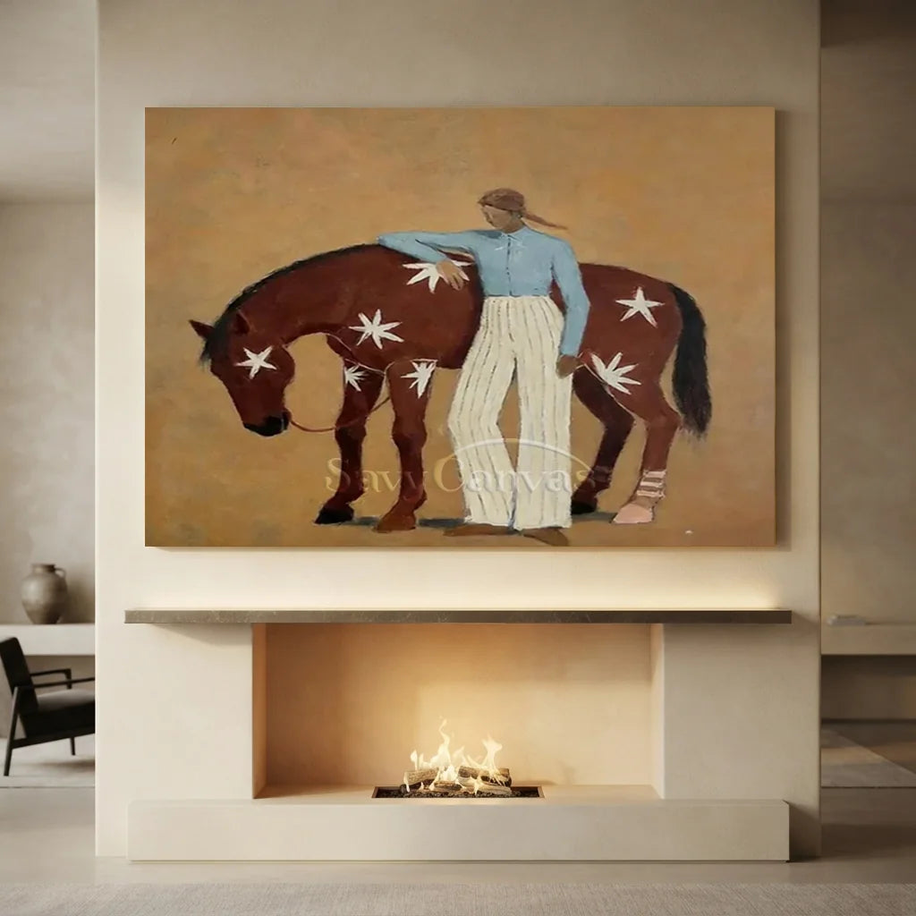Handcrafted expressionist minimalist oil painting featuring a person standing beside a brown horse marked with white star patterns against a warm earth-toned background, ideal for modern living room or bedroom wall decor.