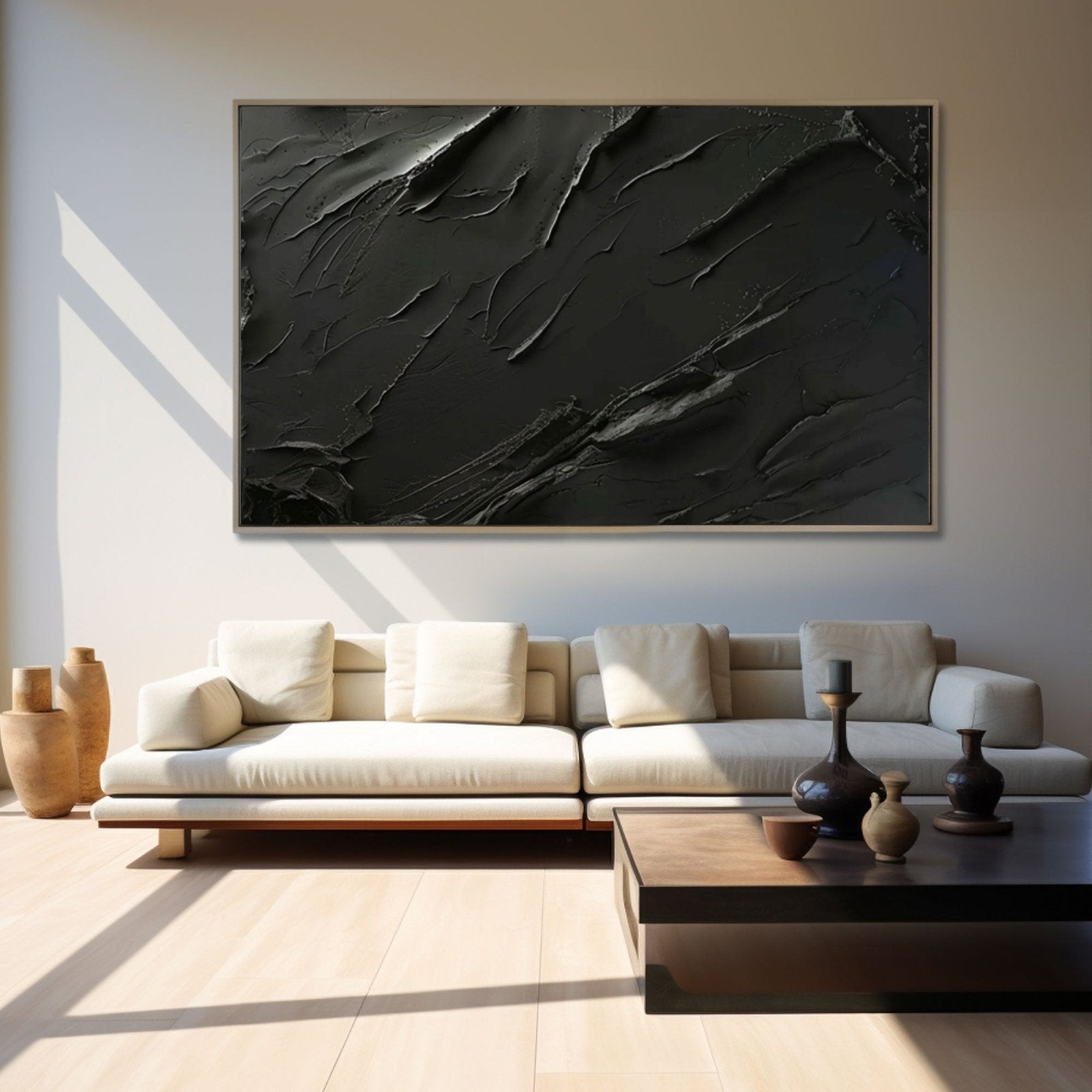 Textured Black Canvas Art – Handcrafted Abstract Painting for Home Decor