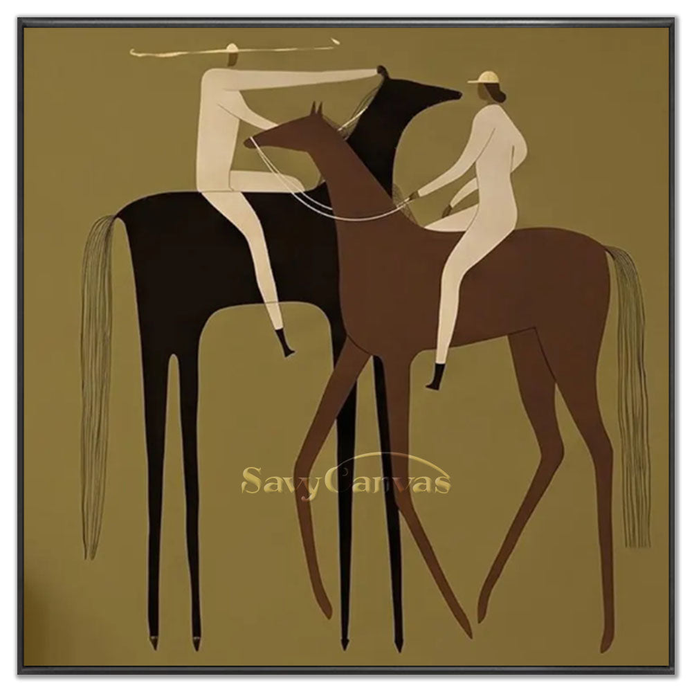 High-quality handmade abstract oil painting showing two minimalist figures riding a brown horse and a black horse side-by-side against a solid sage green backdrop, modern chic style.