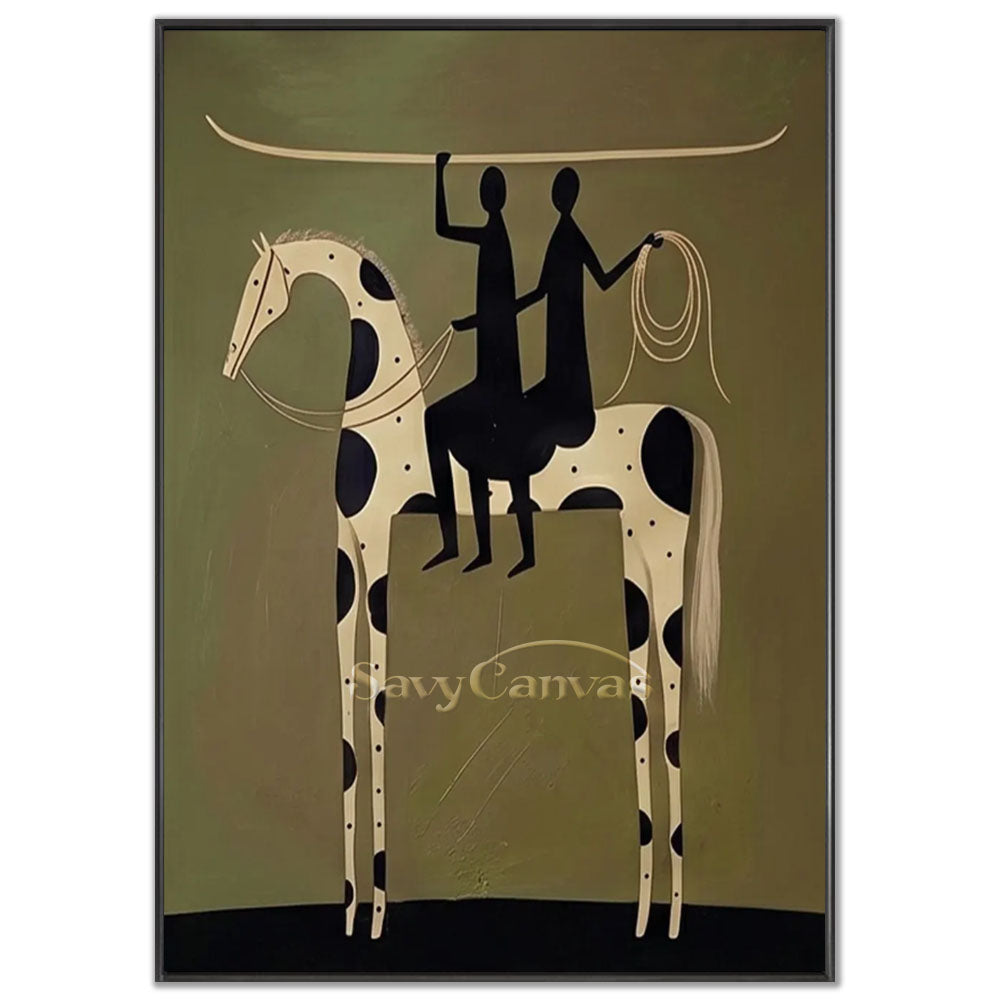 A 100% handmade modernist abstract oil painting with a heavy textured sage green backdrop, depicting two black silhouette riders sitting on an elongated cream horse with large dark spots. One rider holds a long cream surfboard overhead, while the other holds a lasso loop.