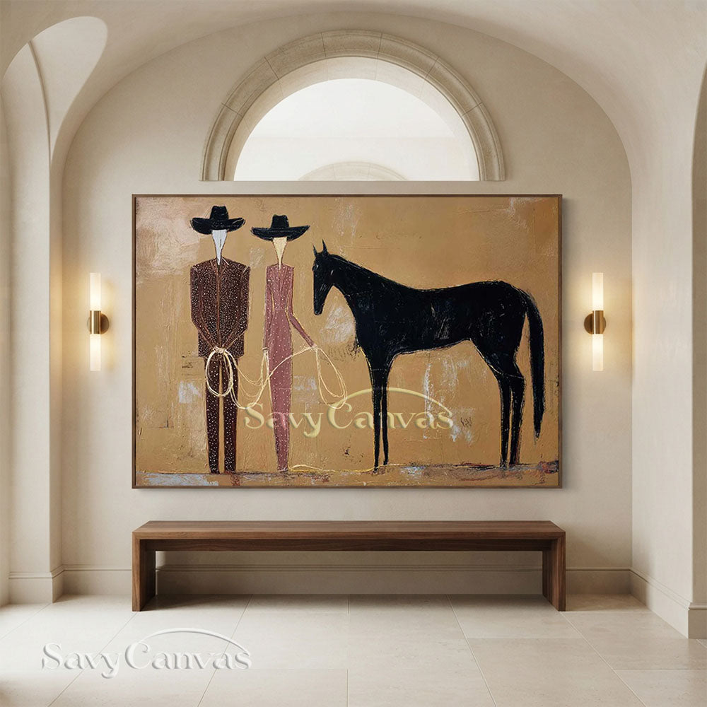 Modern Abstract Western Cowboy Handmade Oil Painting Beige Brown #ZC 023