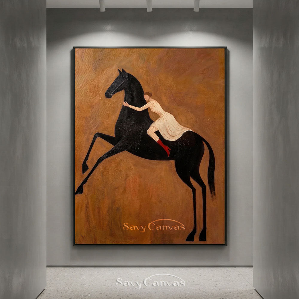 Modern Romanticism Black Horse Woman Oil Painting #SS 218