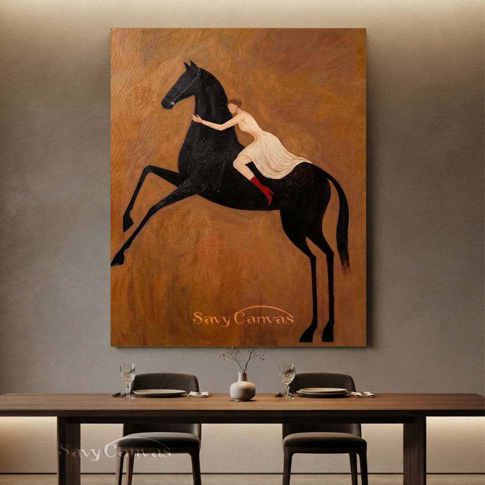 Modern Romanticism Black Horse Woman Oil Painting #SS 218
