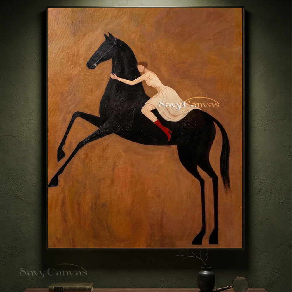Modern Romanticism Black Horse Woman Oil Painting #SS 218