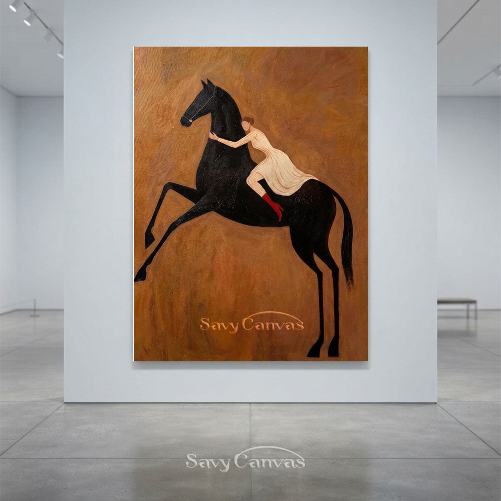 Modern Romanticism Black Horse Woman Oil Painting #SS 218
