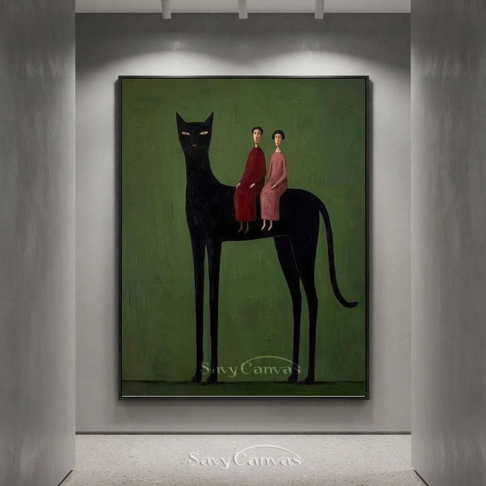 Surrealist Giant Black Cat Figures Oil Painting #SS 219
