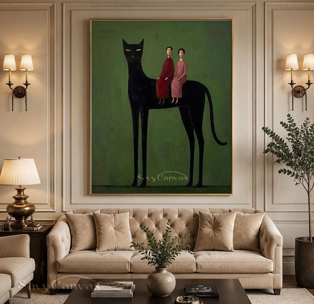 Surrealist Giant Black Cat Figures Oil Painting #SS 219