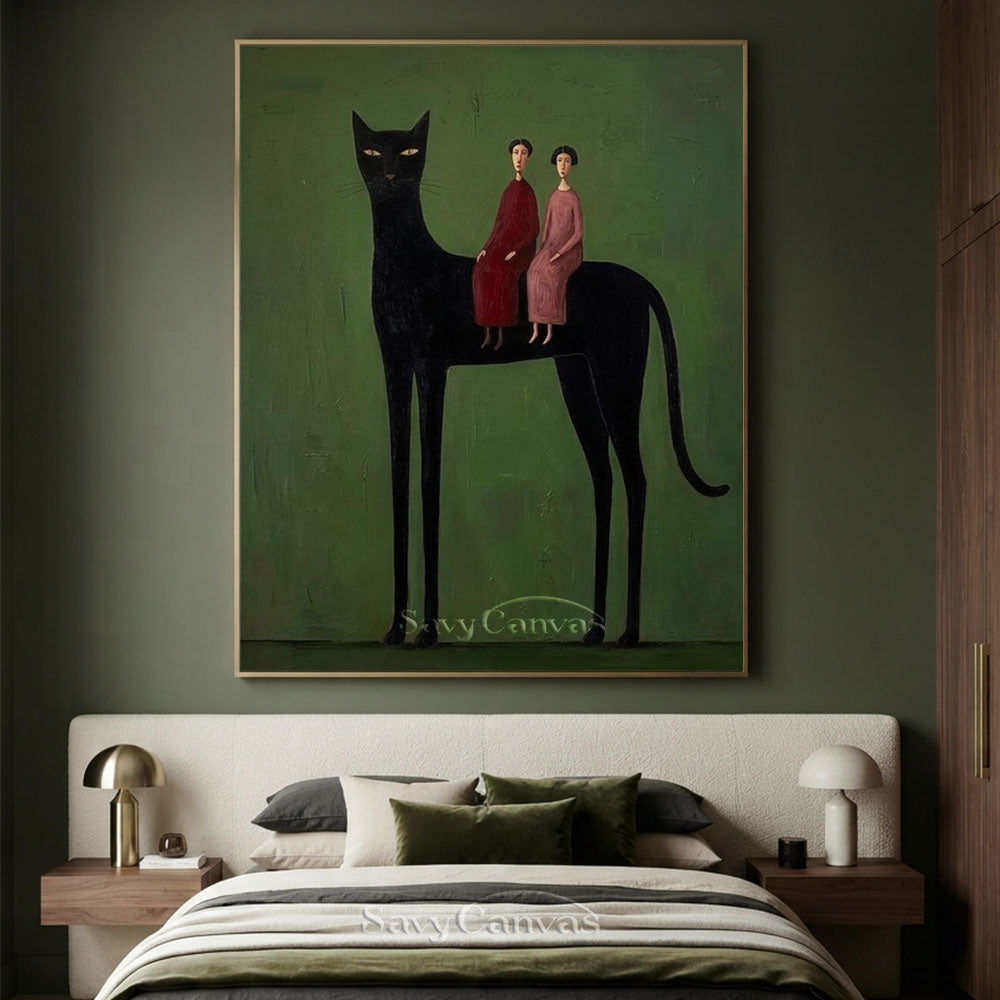 Surrealist Giant Black Cat Figures Oil Painting #SS 219