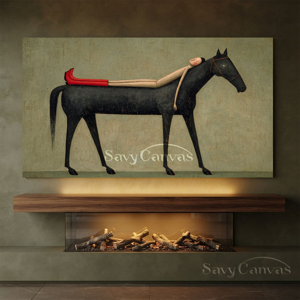 Handmade Modern Whimsical Woman and Black Horse Oil Painting #ZC 024