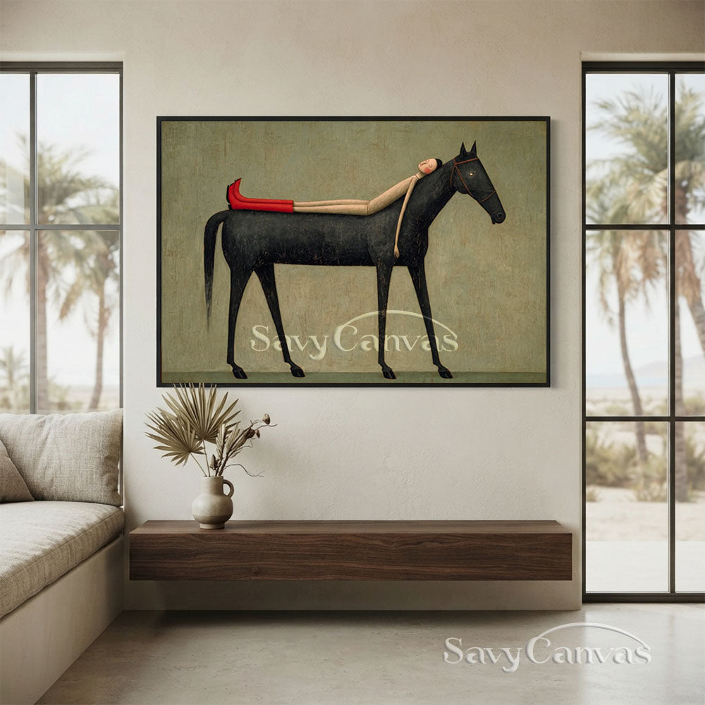 Handmade Modern Whimsical Woman and Black Horse Oil Painting #ZC 024