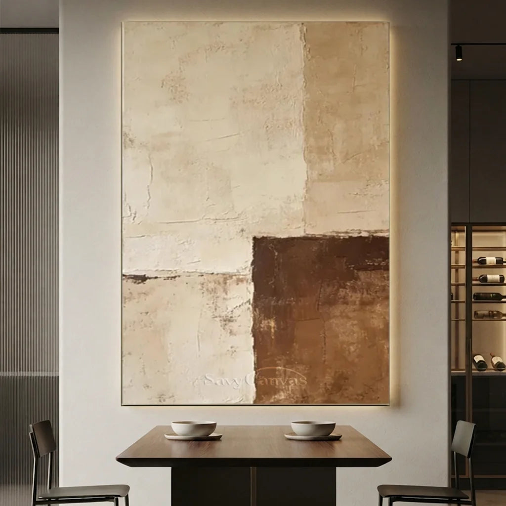 Handpainted Textured Beige & Brown Minimalist Oil Painting #ZC 51