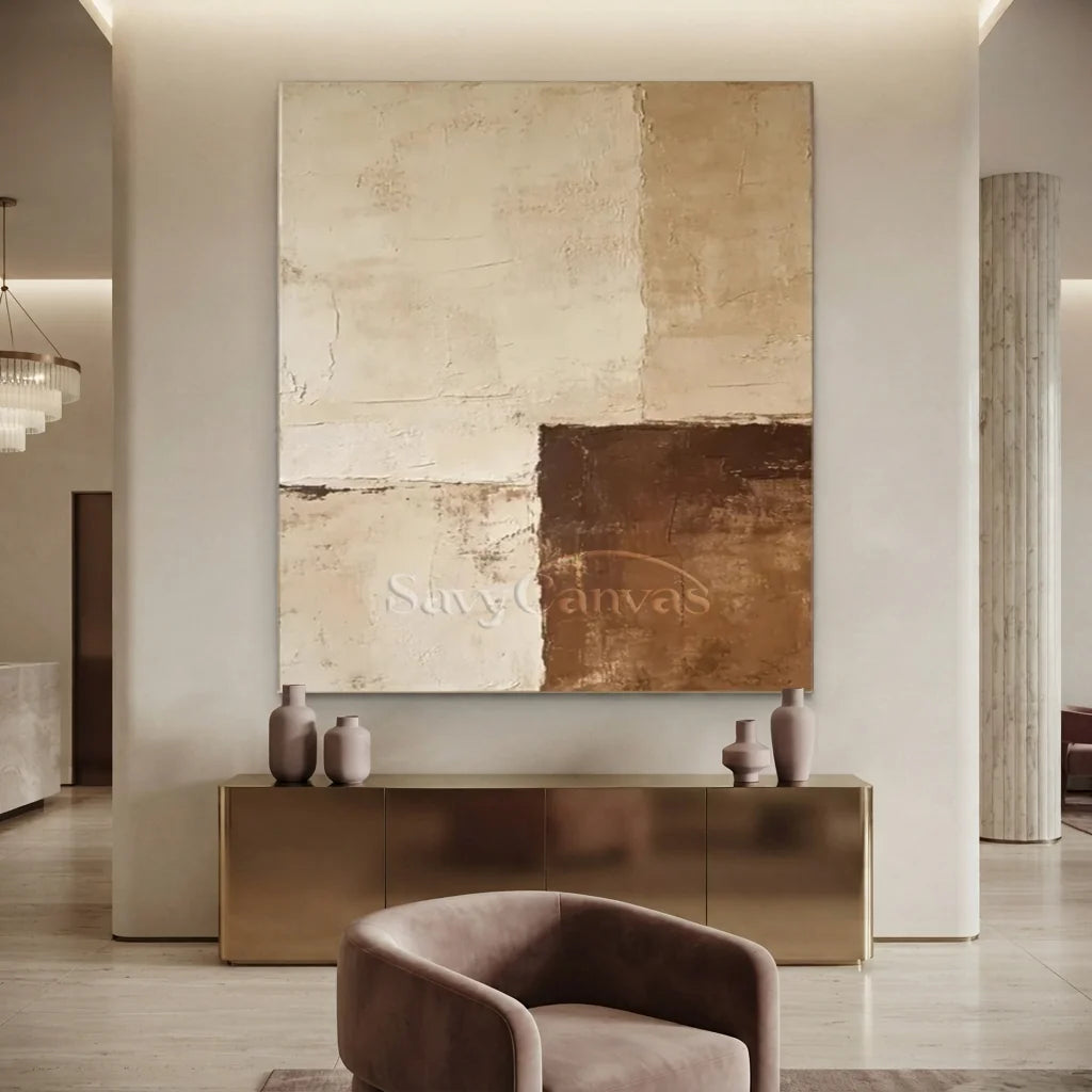 Handpainted Textured Beige & Brown Minimalist Oil Painting #ZC 51