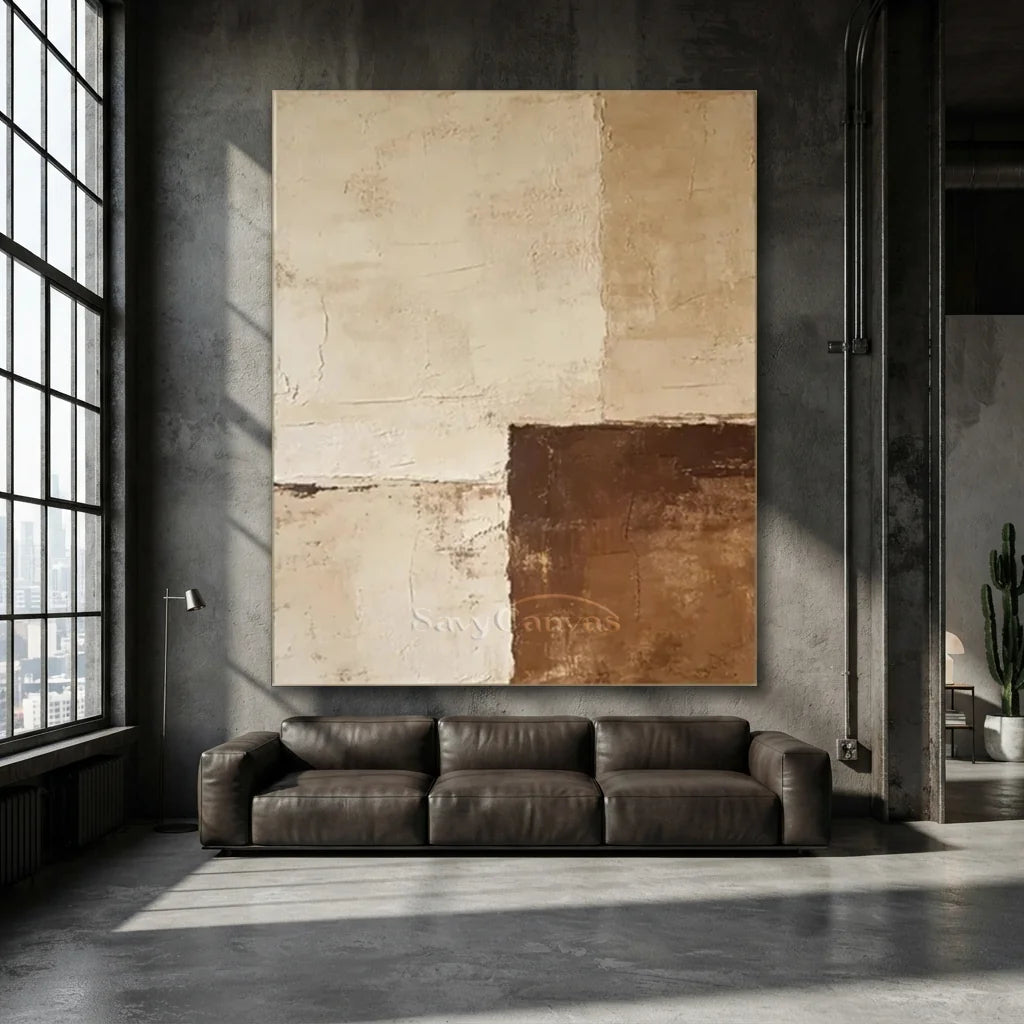 Handpainted Textured Beige & Brown Minimalist Oil Painting #ZC 51