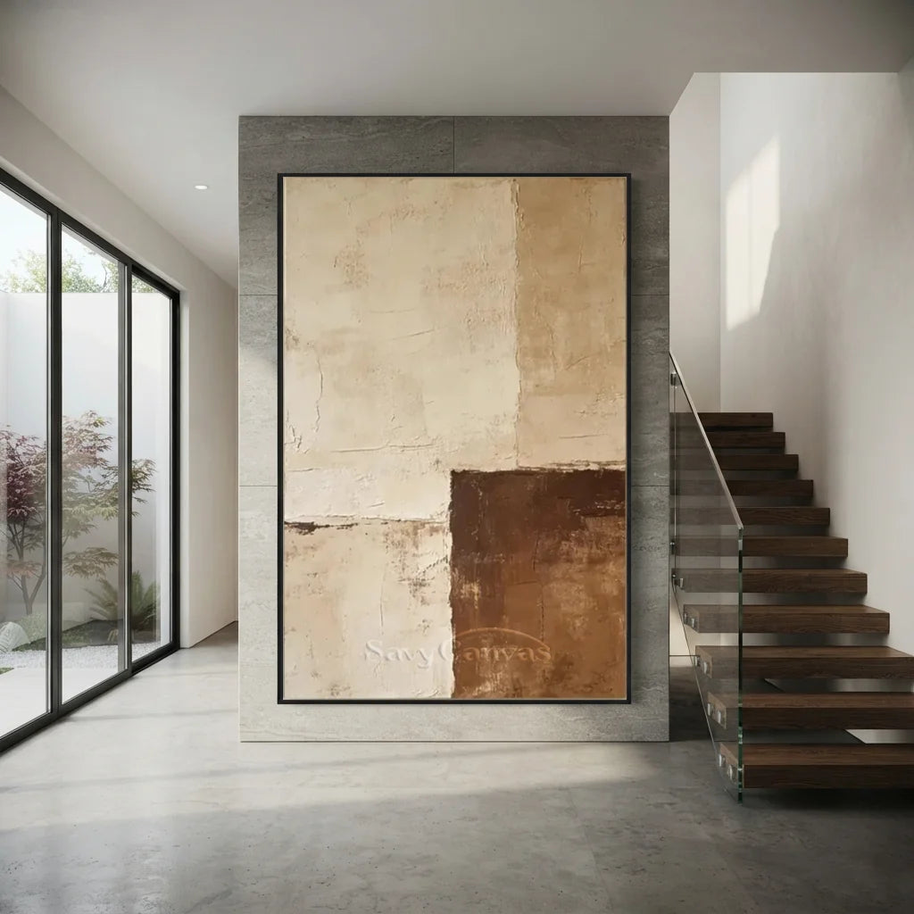 Handpainted Textured Beige & Brown Minimalist Oil Painting #ZC 51