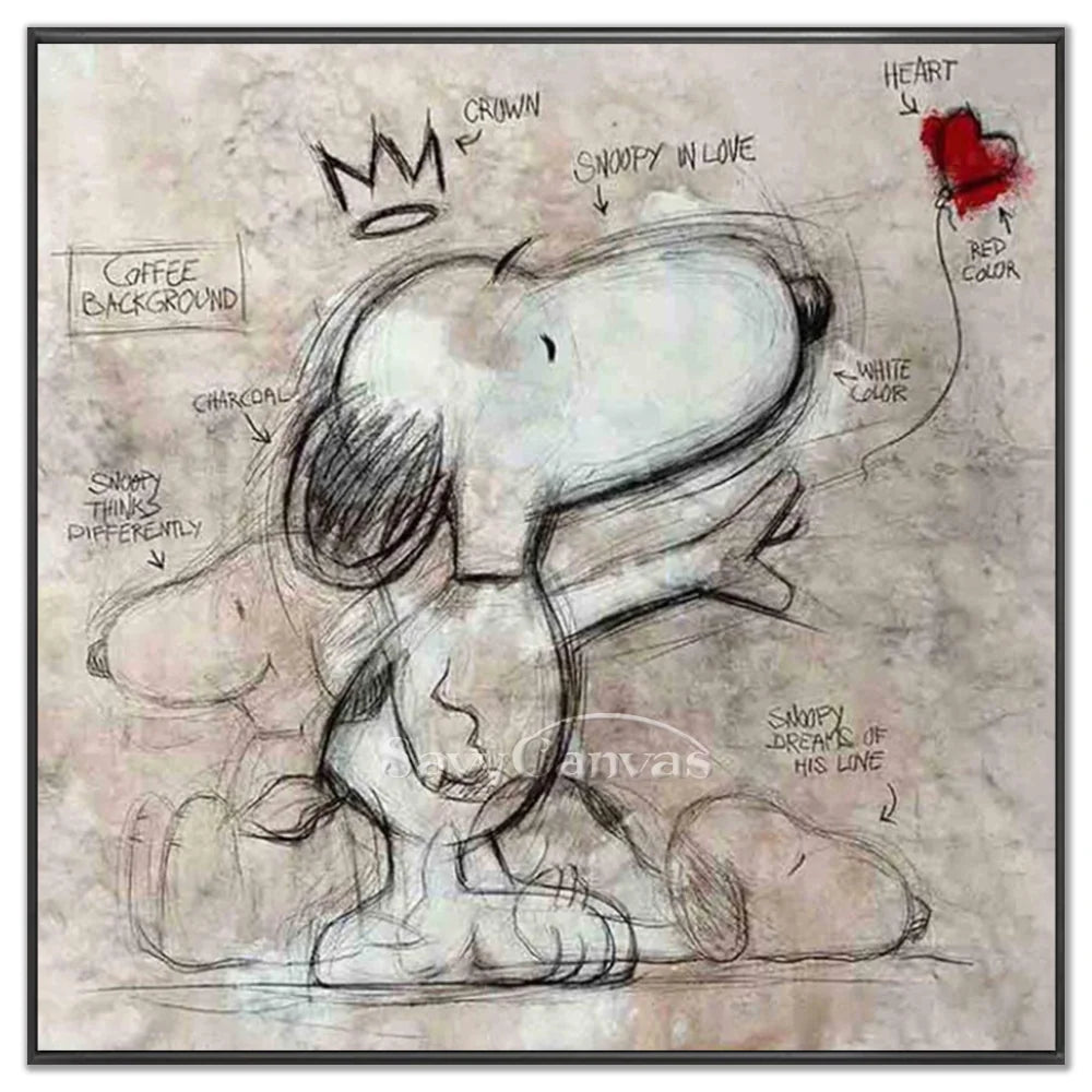 Hand-crafted pop art and street graffiti style cartoon animal oil painting on canvas by Savy Canvas, featuring abstract sketches with a crown, red heart accent, and coffee background tones. Sophisticated modern wall decor.