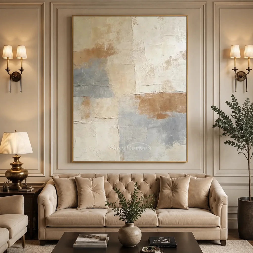 Hand-painted Wabi Sabi minimalist abstract oil painting featuring distressed textures in warm beige, cool grey, and earthy brown for modern home decor