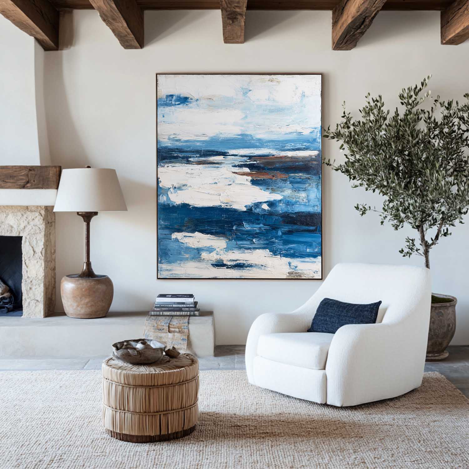 Large Blue and White Abstract Canvas Art - Textured Wall Decor #AA 309