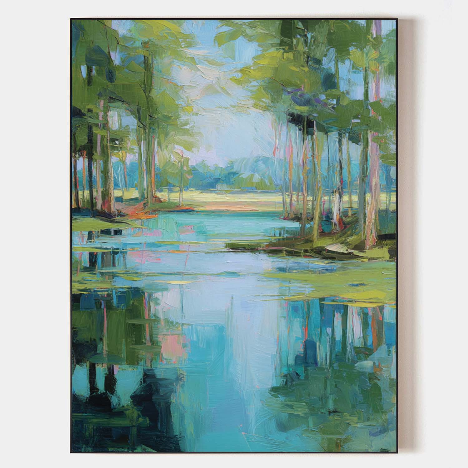 Abstract Forest Lake Canvas Wall Art - Blue & Green Nature Print #AA 308