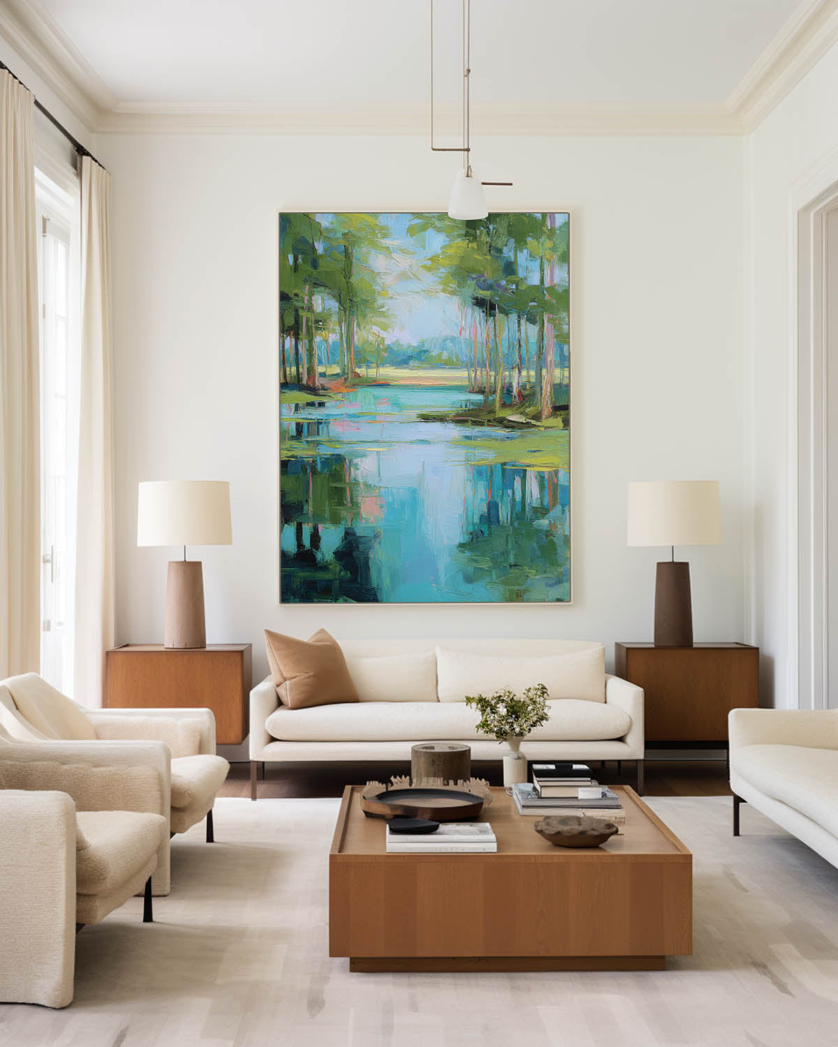 Abstract Forest Lake Canvas Wall Art - Blue & Green Nature Print #AA 308