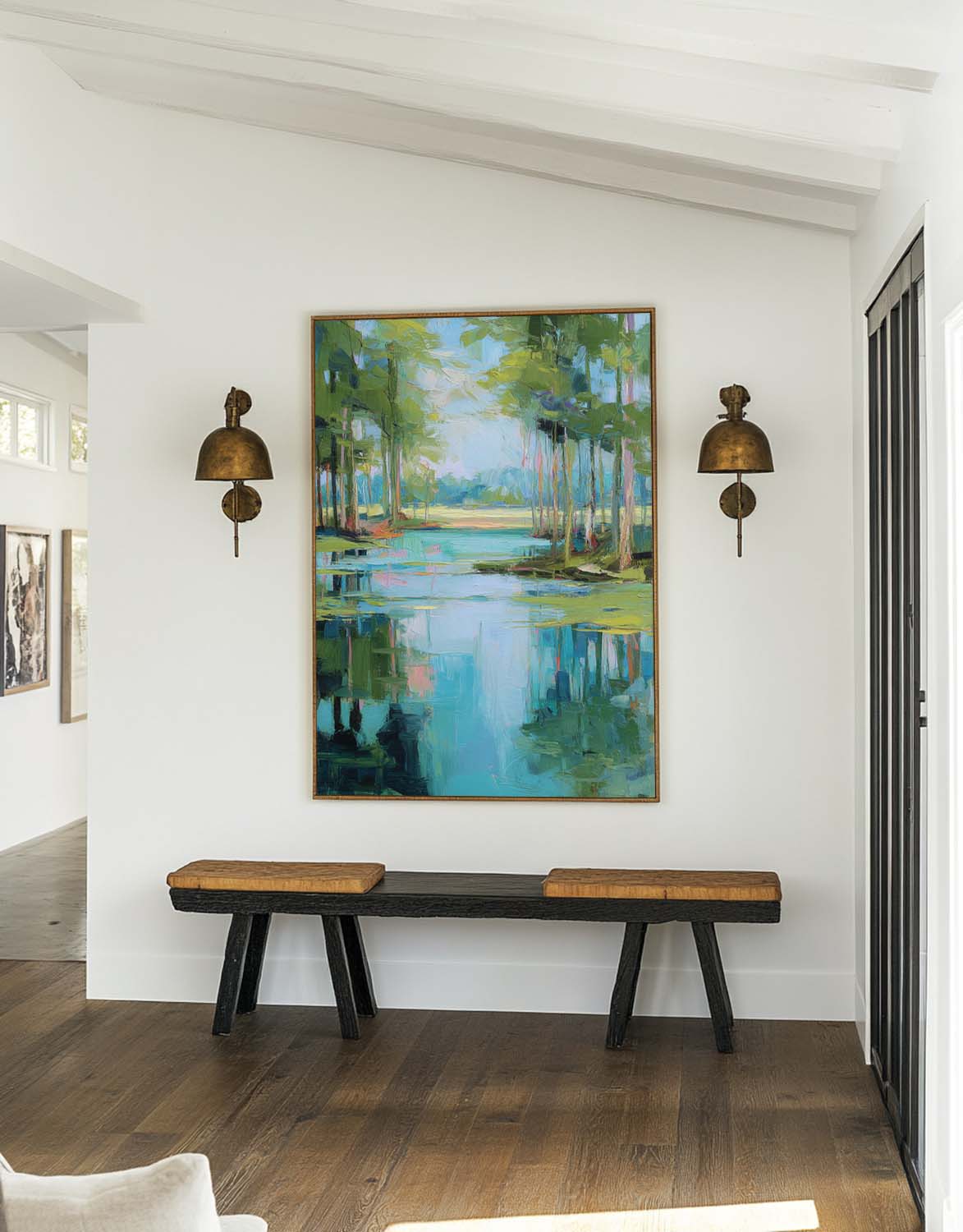 Abstract Forest Lake Canvas Wall Art - Blue & Green Nature Print #AA 308