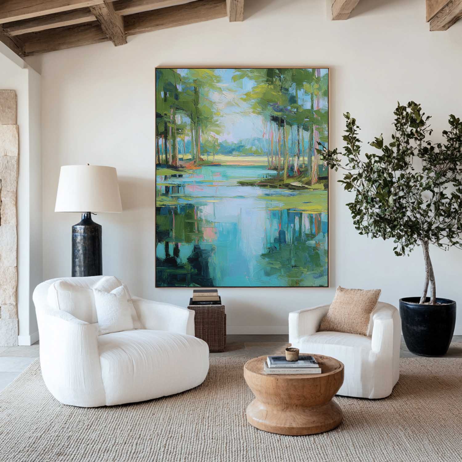 Abstract Forest Lake Canvas Wall Art - Blue & Green Nature Print #AA 308