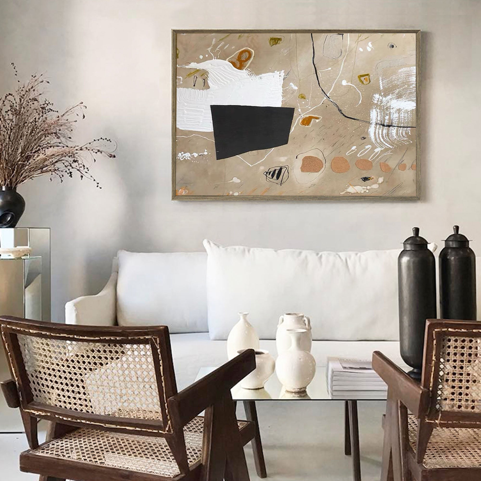 Earth Tone Abstract Wall Art | Warm Beige & Black Canvas #AA 407