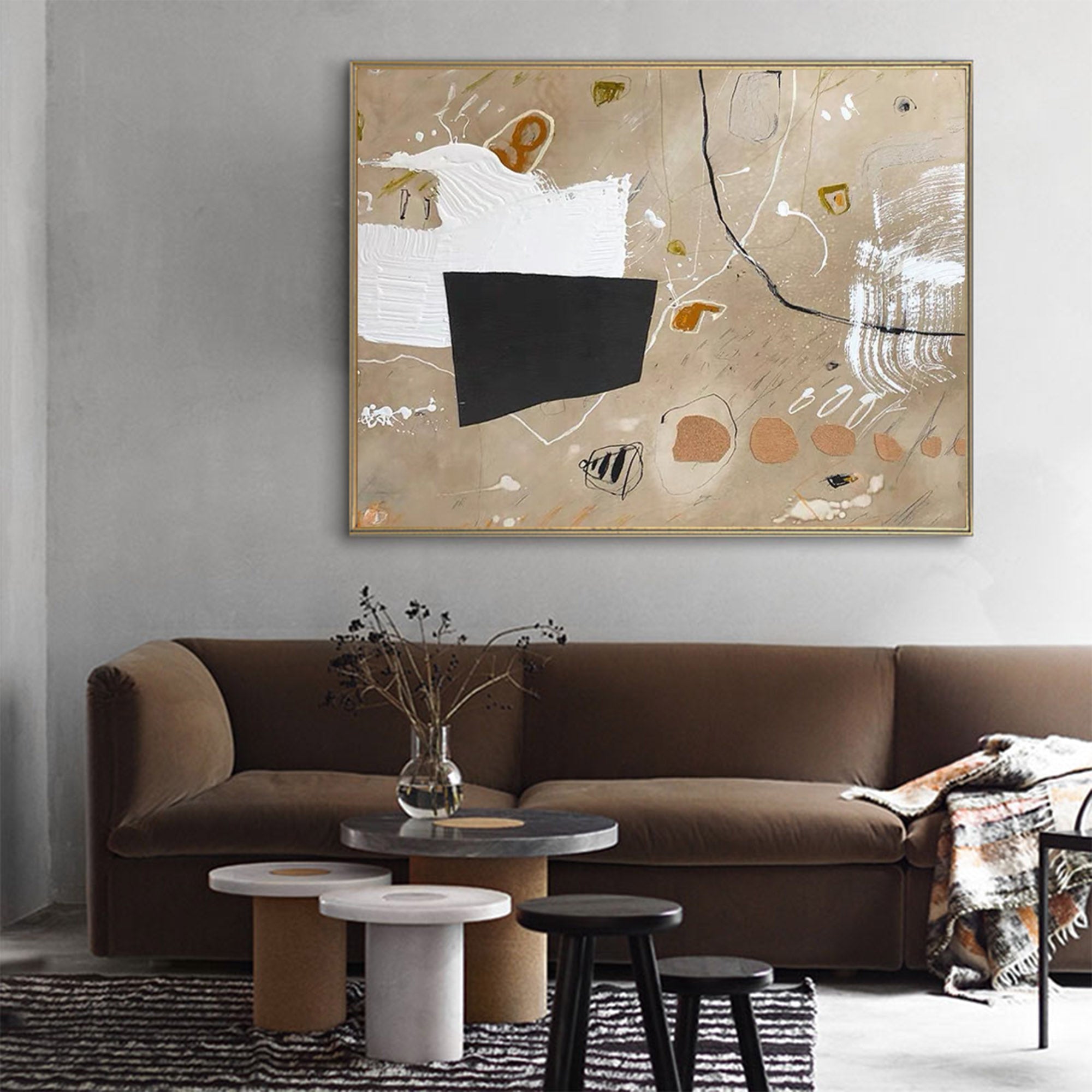 Earth Tone Abstract Wall Art | Warm Beige & Black Canvas #AA 407