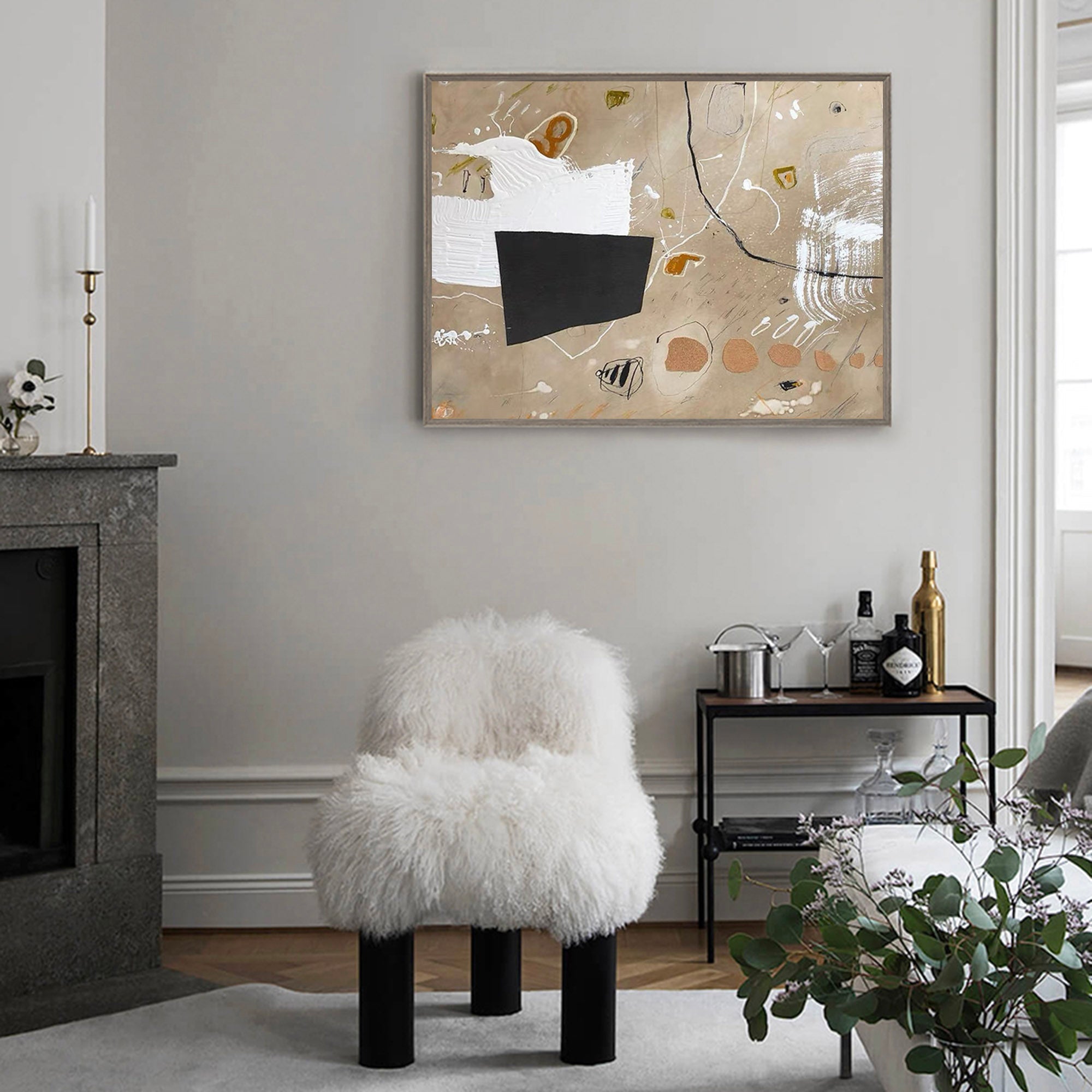 Earth Tone Abstract Wall Art | Warm Beige & Black Canvas #AA 407