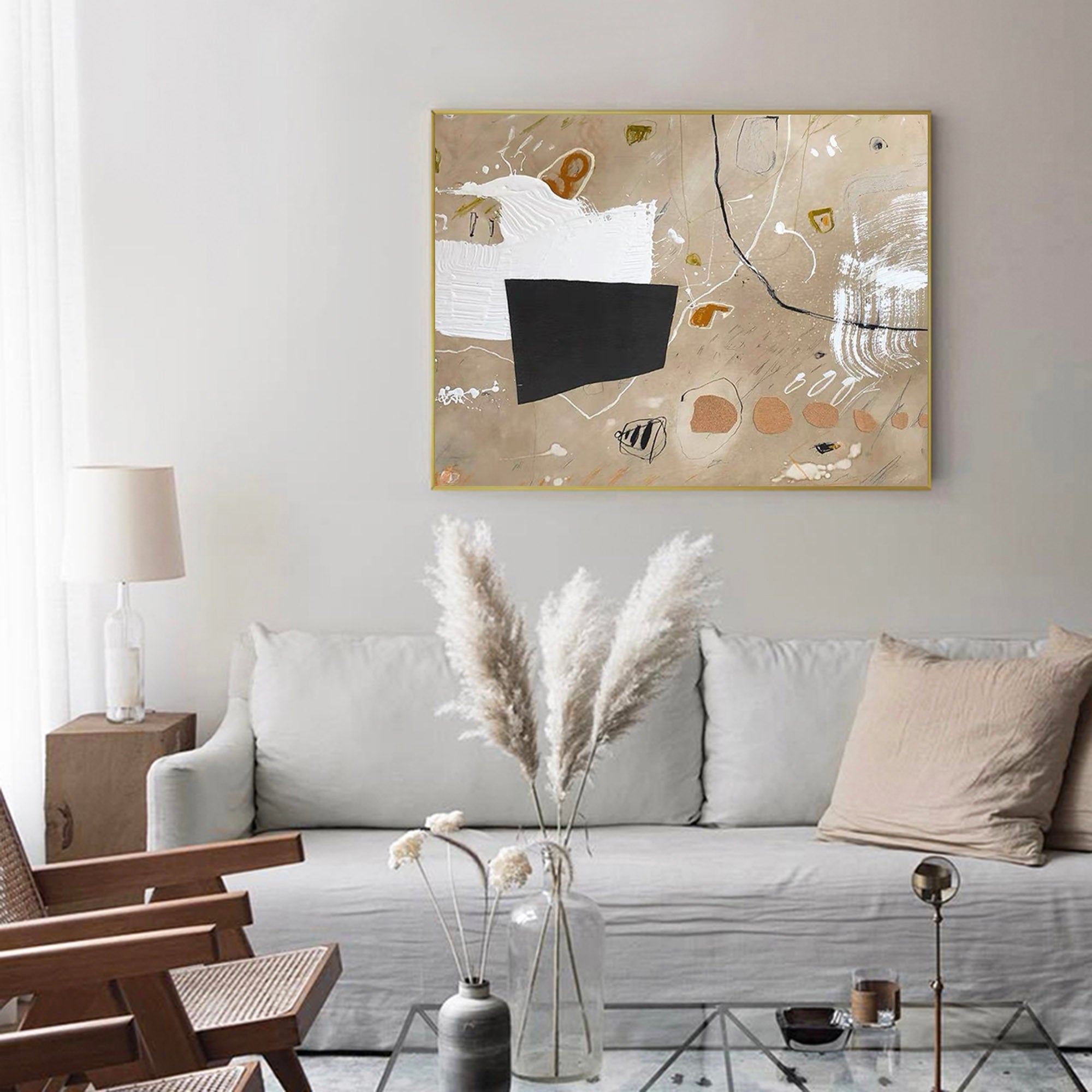 Earth Tone Abstract Wall Art | Warm Beige & Black Canvas #AA 407