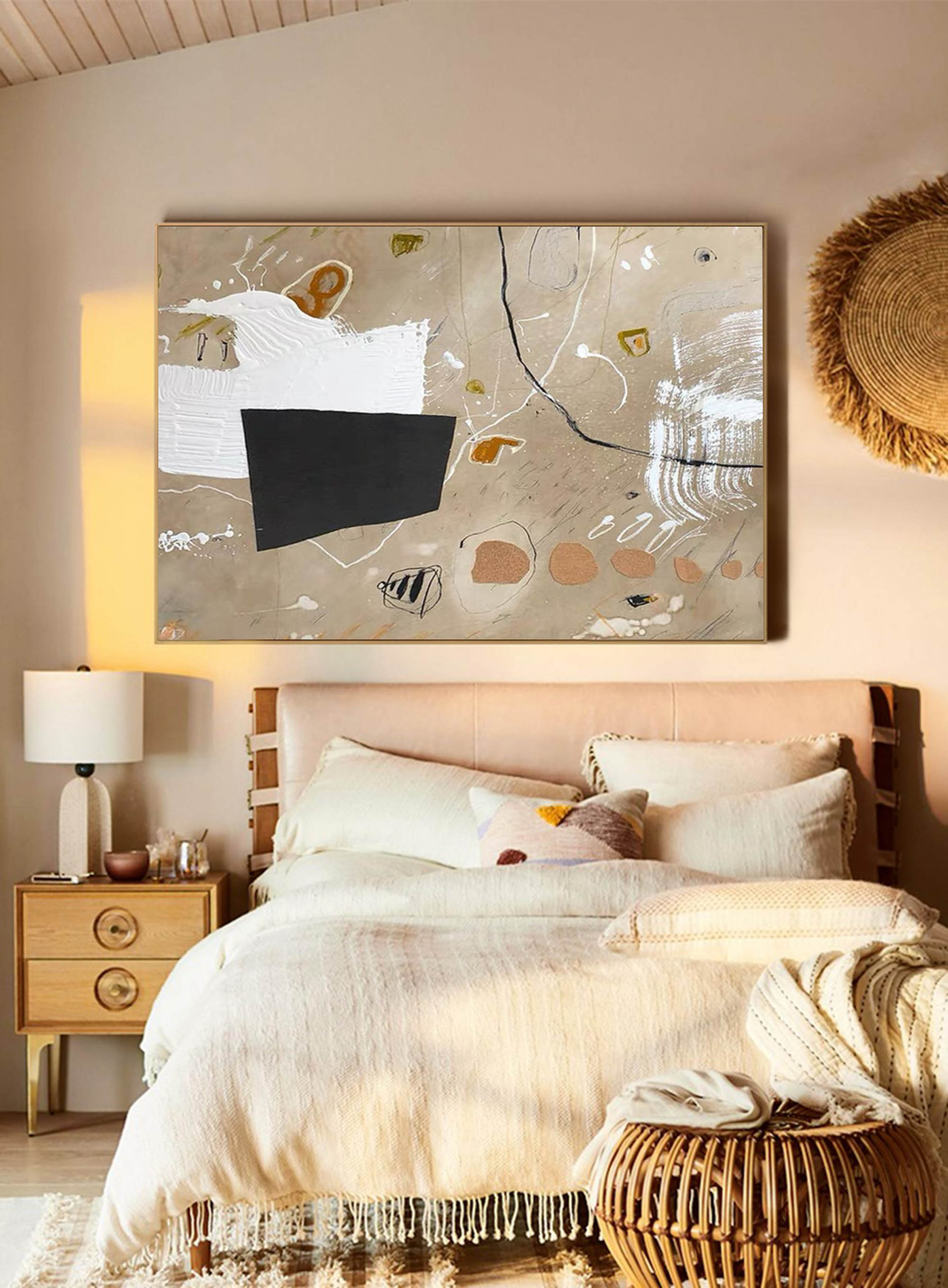 Earth Tone Abstract Wall Art | Warm Beige & Black Canvas #AA 407