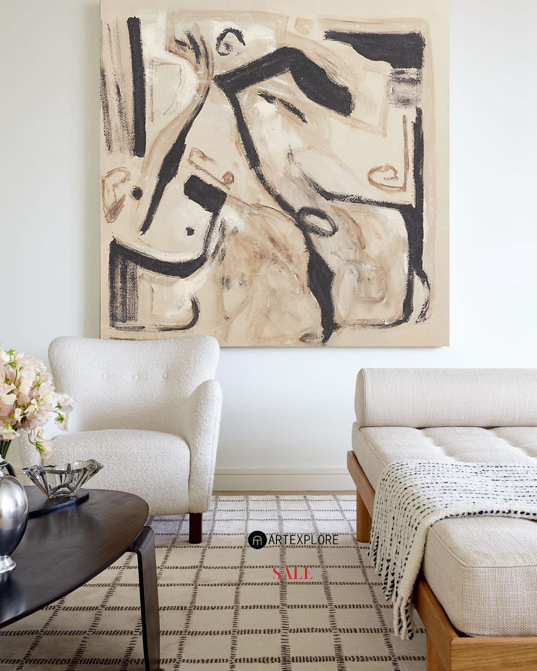  Beige and Black Abstract Line Art Canvas | Neutral Modern Wall Decor