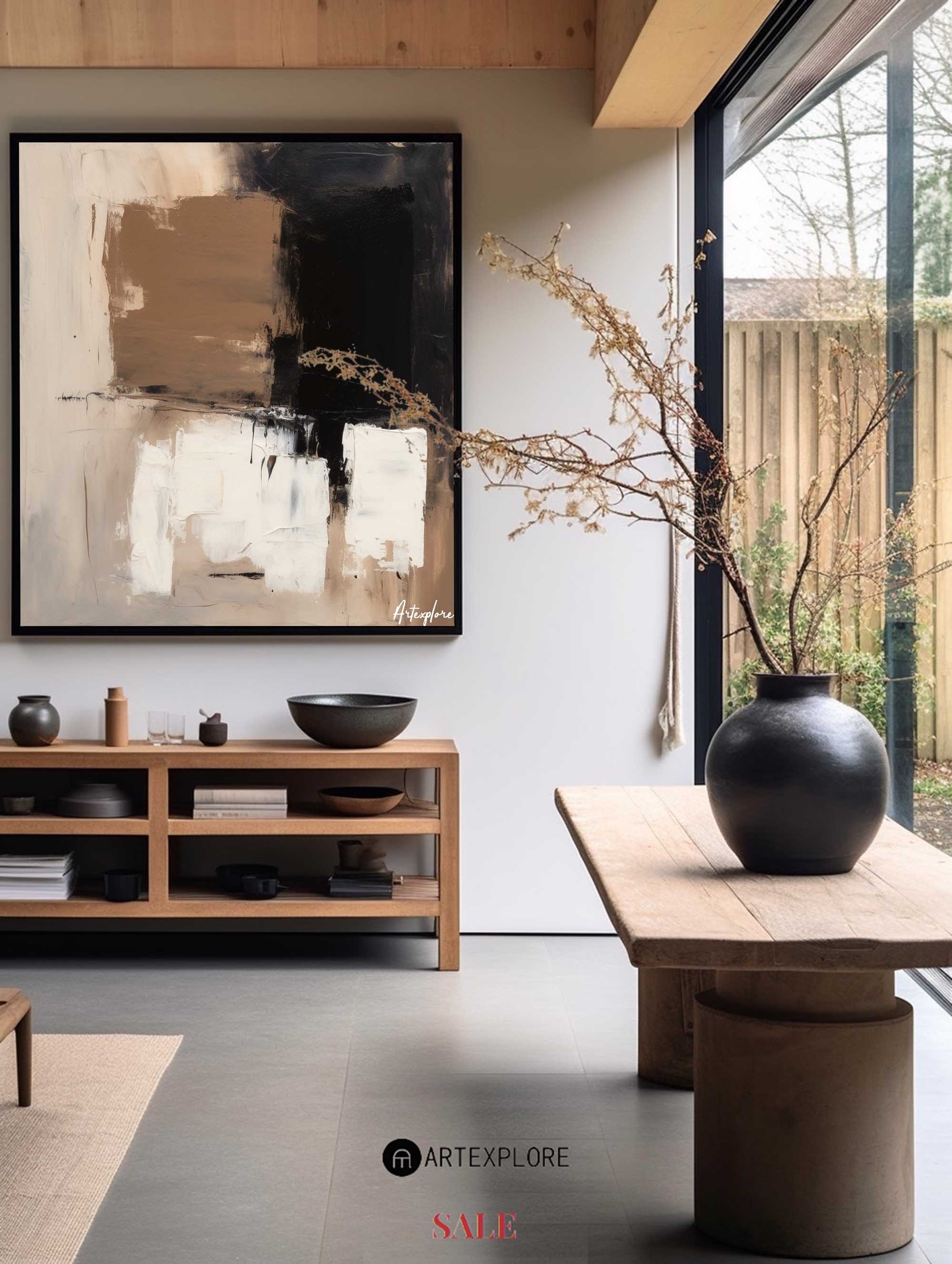 Black, Beige & Brown Abstract Canvas | Large Square Neutral Art #AA 404