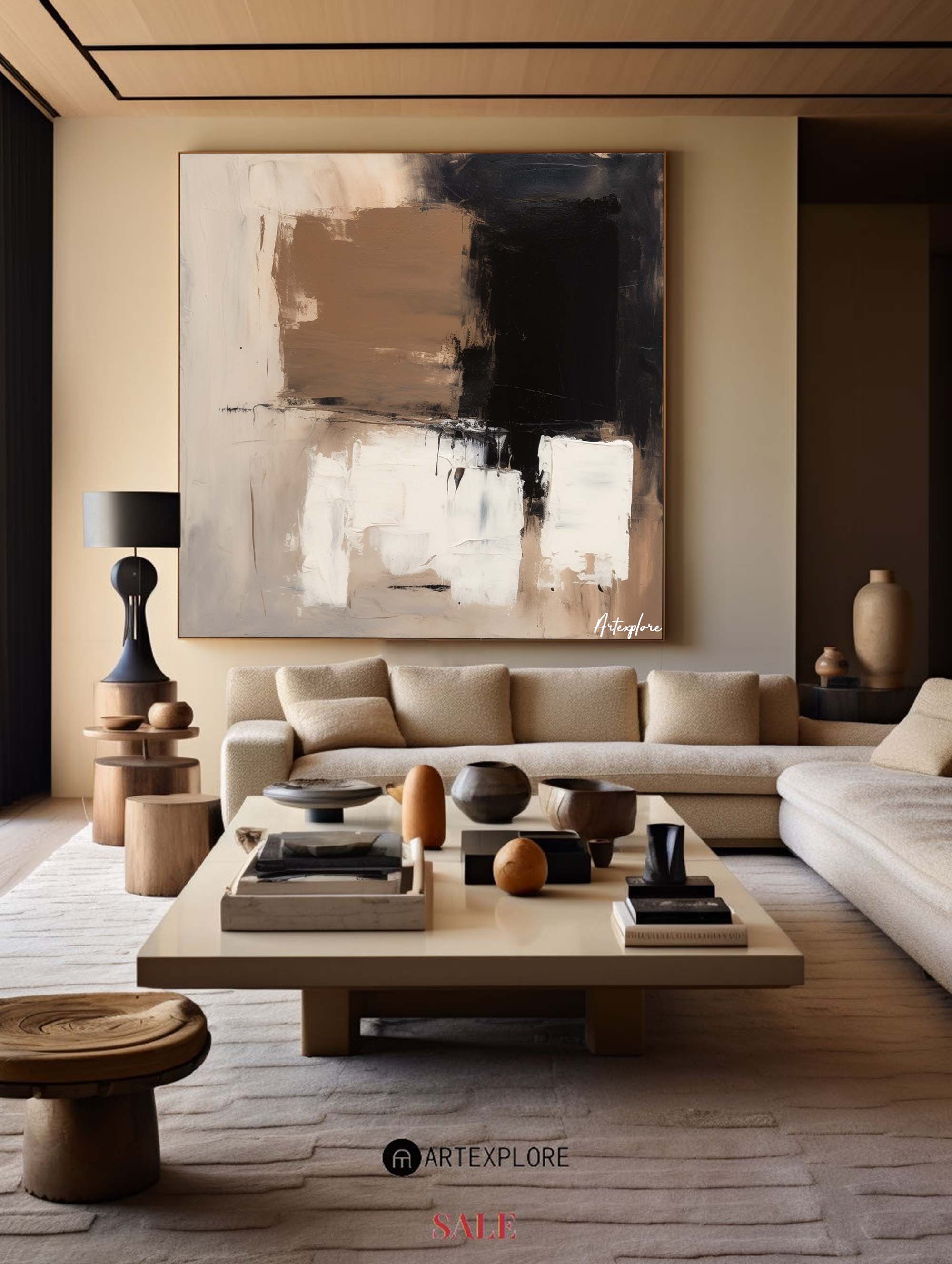 Black, Beige & Brown Abstract Canvas | Large Square Neutral Art #AA 404