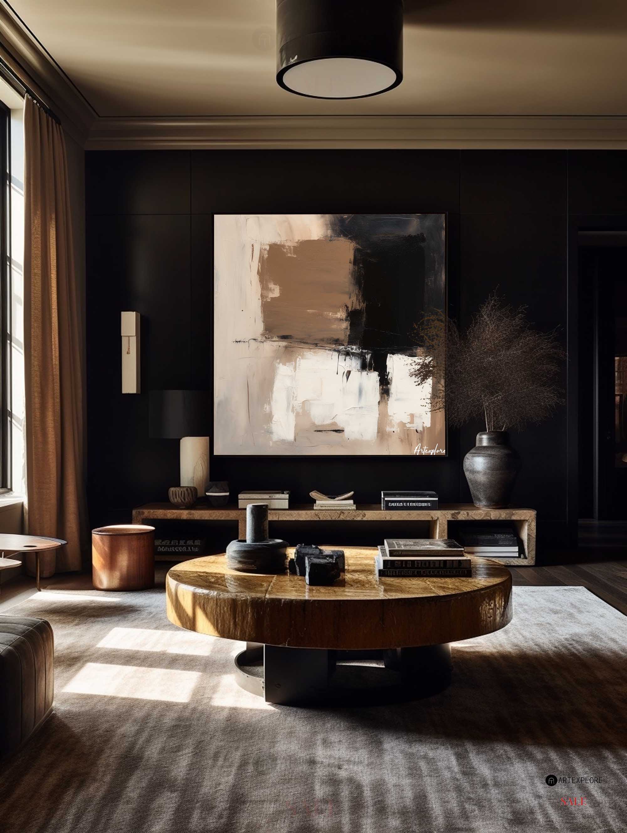 Black, Beige & Brown Abstract Canvas | Large Square Neutral Art #AA 404