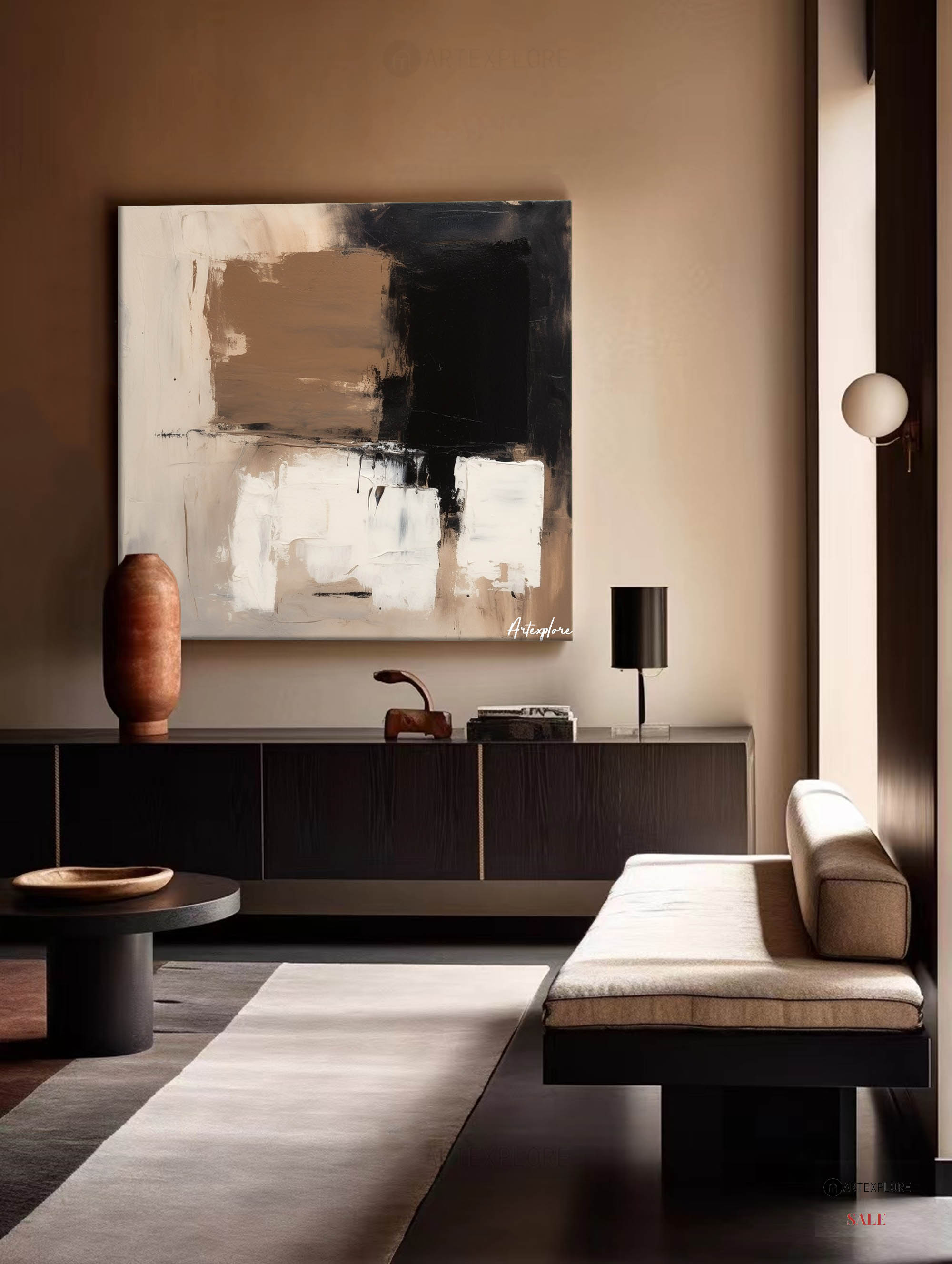 Black, Beige & Brown Abstract Canvas | Large Square Neutral Art #AA 404