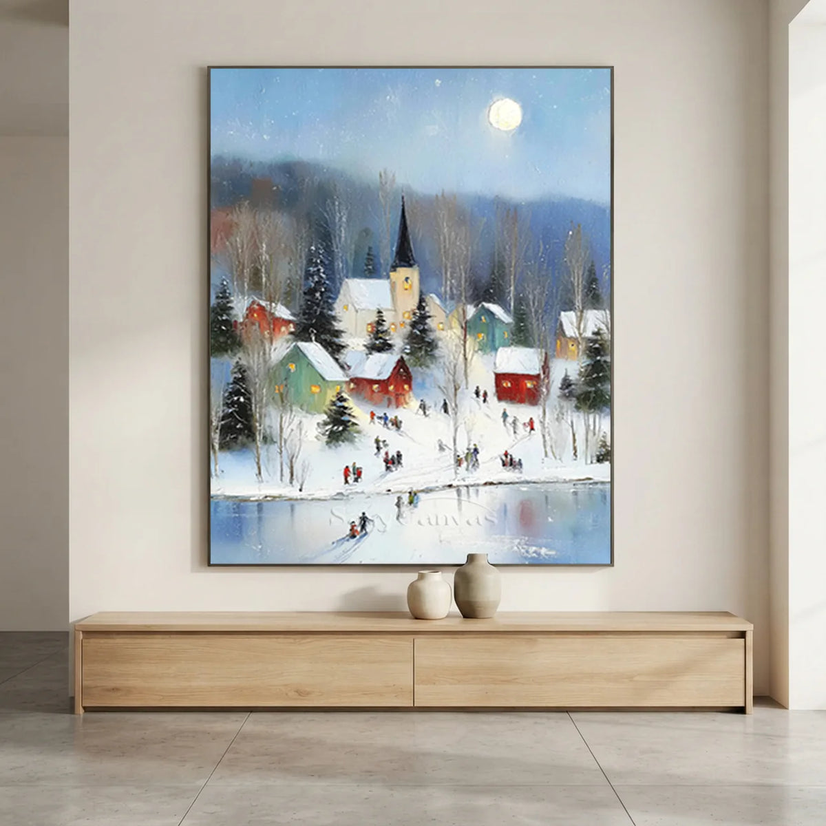 Moonlit-Winter-Village-Art-above-the-wooden-cabinet-03.webp