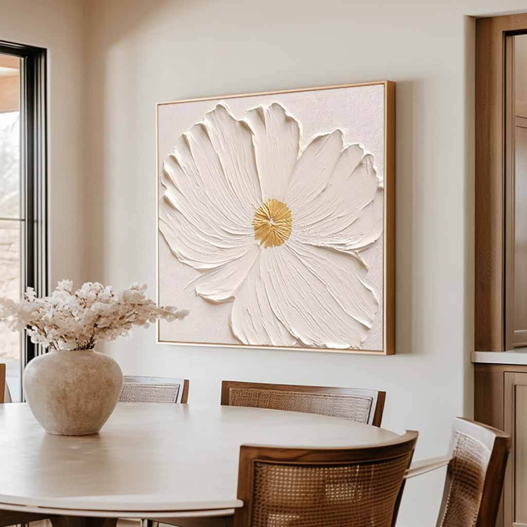 Textured 3D White Flower Art | Gold Accent Painting #AA 067