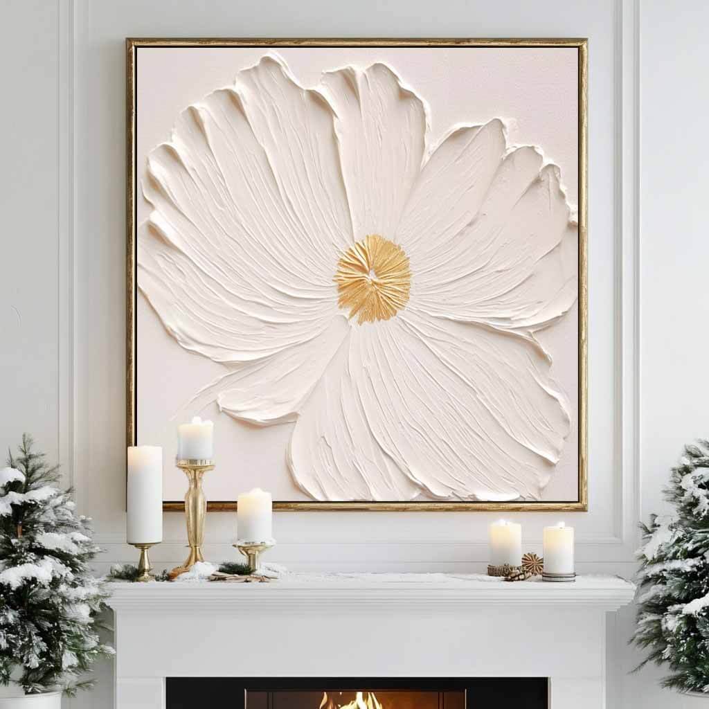 Textured 3D White Flower Art | Gold Accent Painting #AA 067