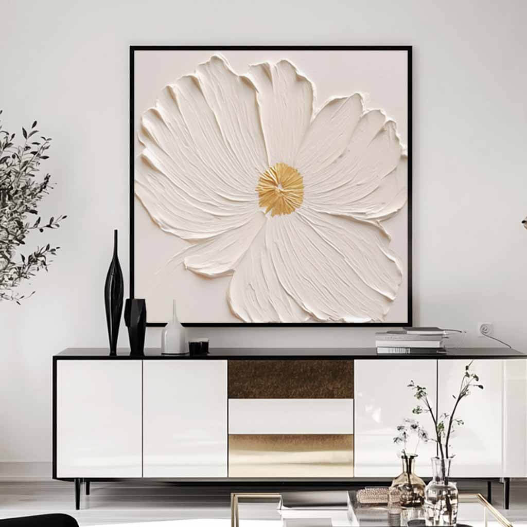 Textured 3D White Flower Art | Gold Accent Painting #AA 067